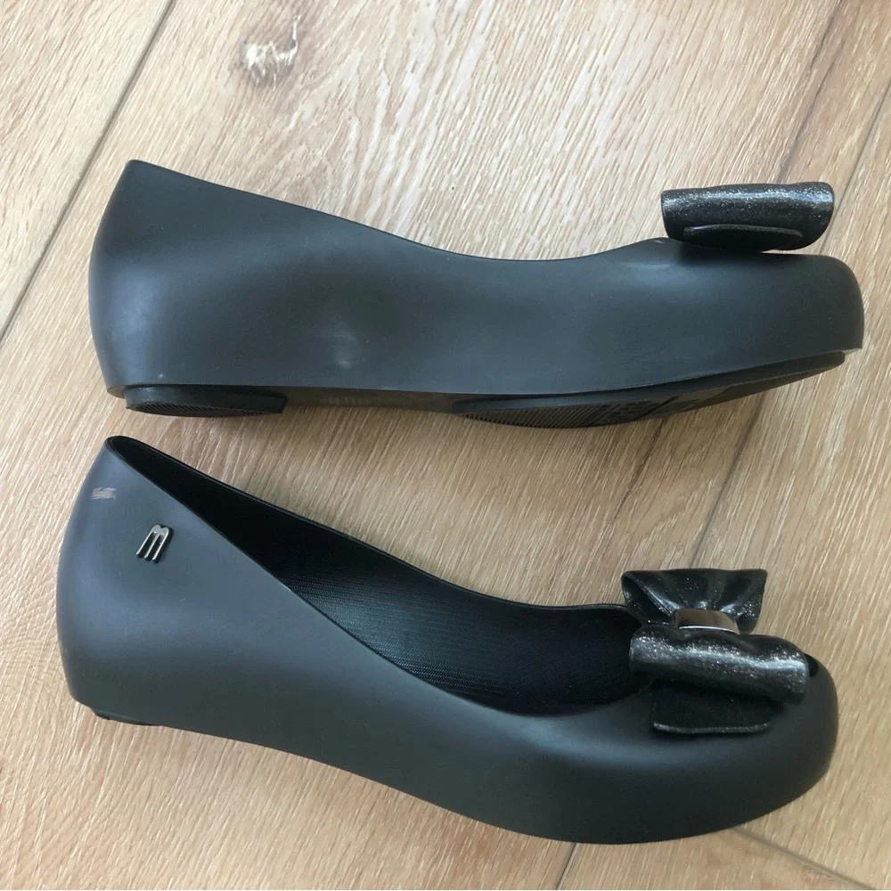 Mel by Melissa Black Jelly Flats with Glitter Bow Accent 3